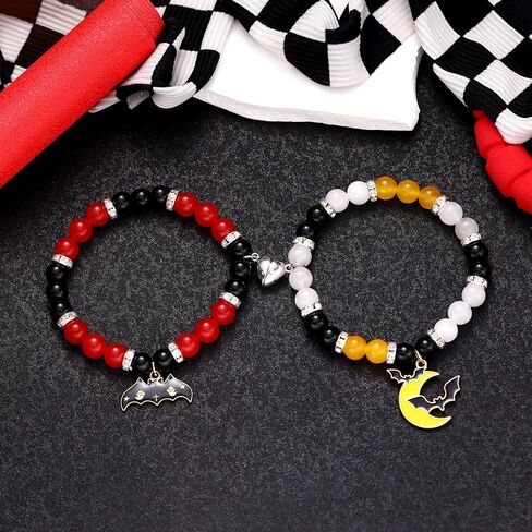 Halloween Bracelets Halloween Gifts for Women Halloween Themed 2 Pcs Beaded Matching Bracelets with Pumpkin Bat Ghost Grim Reaper Charm Accessories Halloween Party Decorations Jewelry in Saudi Arabia