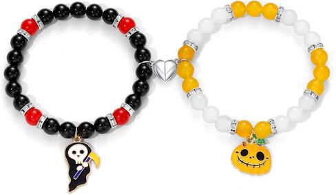 Halloween Bracelets Halloween Gifts for Women Halloween Themed 2 Pcs Beaded Matching Bracelets with Pumpkin Bat Ghost Grim Reaper Charm Accessories Halloween Party Decorations Jewelry in Saudi Arabia