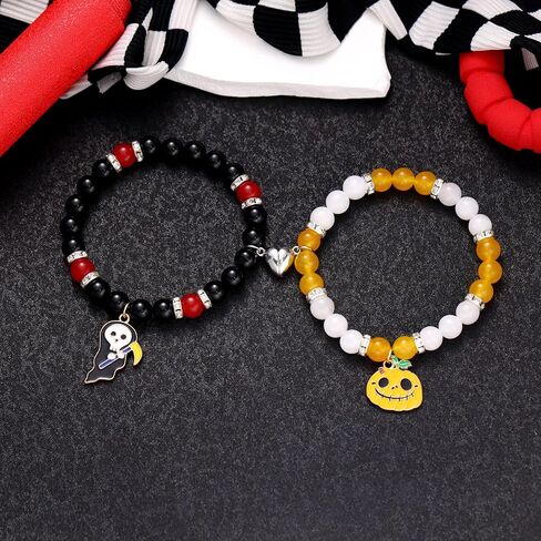 Halloween Bracelets Halloween Gifts for Women Halloween Themed 2 Pcs Beaded Matching Bracelets with Pumpkin Bat Ghost Grim Reaper Charm Accessories Halloween Party Decorations Jewelry in Saudi Arabia