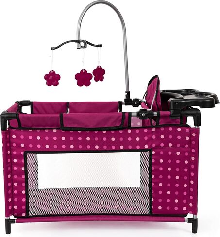 دمى باير ديزاين: سرير متعدد - وردي فاقع، منقط، جنية - روضة للدمى حتى 18 بوصة، كرسي مرتفع ومحمول مدمج، وسادة وبطانية، لعبة أطفال، عمر 3 سنوات فما فوق in Kuwait