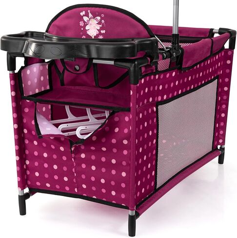 دمى باير ديزاين: سرير متعدد - وردي فاقع، منقط، جنية - روضة للدمى حتى 18 بوصة، كرسي مرتفع ومحمول مدمج، وسادة وبطانية، لعبة أطفال، عمر 3 سنوات فما فوق in Kuwait