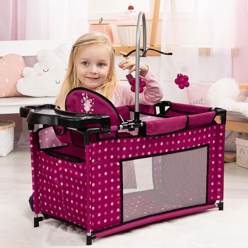 دمى باير ديزاين: سرير متعدد - وردي فاقع، منقط، جنية - روضة للدمى حتى 18 بوصة، كرسي مرتفع ومحمول مدمج، وسادة وبطانية، لعبة أطفال، عمر 3 سنوات فما فوق in Kuwait