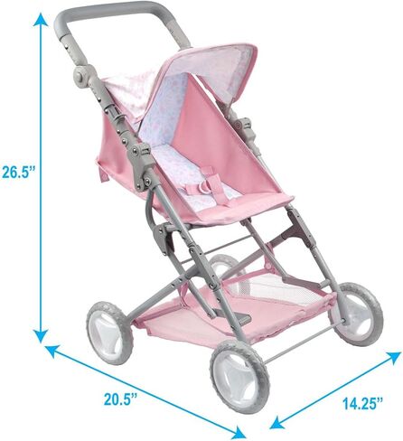 JC Toys - Berenguer Boutique | Fashionable Stroller with Canopy and Storage | Simple Folding |Pink Floral Collection | for Dolls up to 18" | Ages 3+ in Kuwait