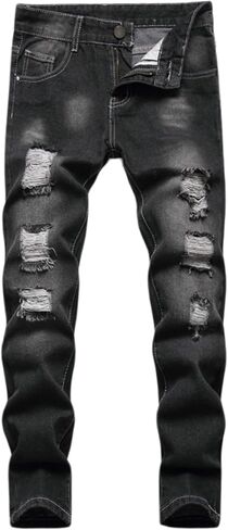 Boy's Stretch Comfy Ripped Jeans Skinny Stylish Distressed Washed Denim Jeans Pants in Kuwait