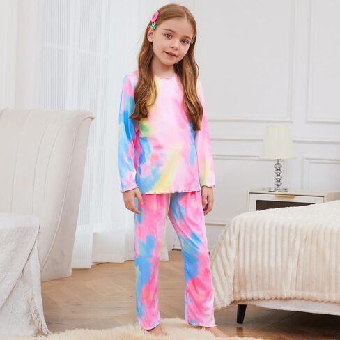 CHILDRENSTAR Girls Pajamas Set Long Sleeve Sleepwear Shirt Pant Shirring Ribbed Lounge Clothes For Kids in Saudi Arabia
