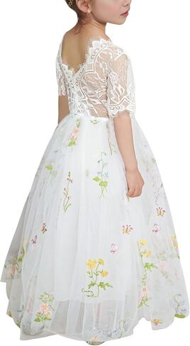 Flower Girl Lace Back V-Neck Dress Full-Length Floral Embroidered Toddler Tutu Tulle Dresses for Girls in Saudi Arabia