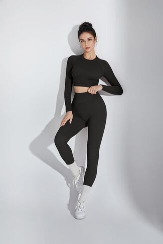 SUUKSESS Women 2 Piece Workout Sets Hidden Scrunch Butt Lifting Seamless Leggings Long Sleeve Yoga Crop Tops in Saudi Arabia