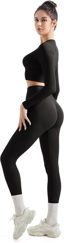 SUUKSESS Women 2 Piece Workout Sets Hidden Scrunch Butt Lifting Seamless Leggings Long Sleeve Yoga Crop Tops in Saudi Arabia