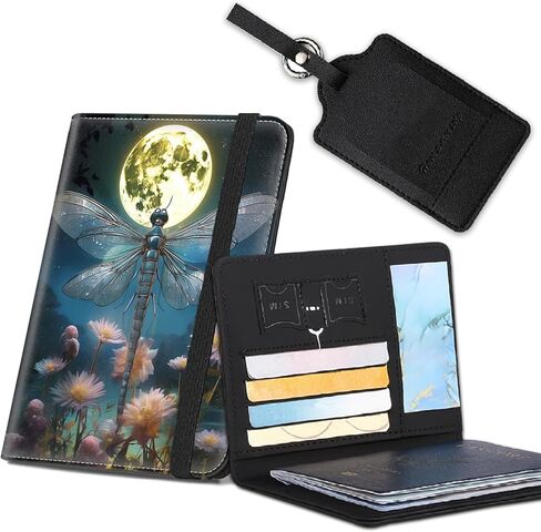 Passport Cover for Women & Men with RFID Blocking, Waterproof Passport Wallet and Luggage Tag Set，PU Leather Travel Documents Organizer, Passport Holder with Card Slot，Dragonfly Moon in Kuwait