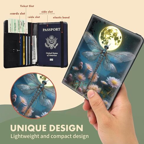 Passport Cover for Women & Men with RFID Blocking, Waterproof Passport Wallet and Luggage Tag Set，PU Leather Travel Documents Organizer, Passport Holder with Card Slot，Dragonfly Moon in Kuwait