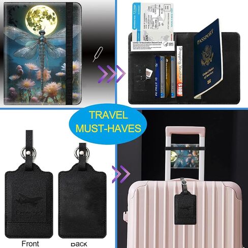 Passport Cover for Women & Men with RFID Blocking, Waterproof Passport Wallet and Luggage Tag Set，PU Leather Travel Documents Organizer, Passport Holder with Card Slot，Dragonfly Moon in Kuwait