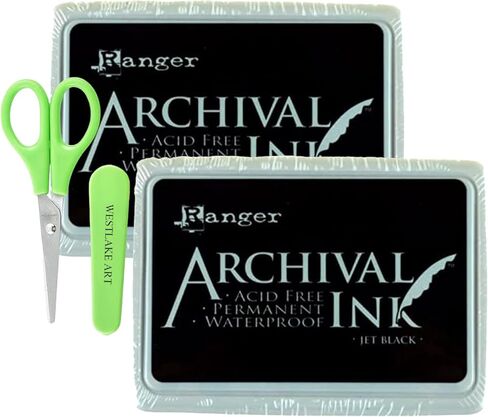 Archival Ink Black, 0.11 Oz - Permanent Waterproof Black Dye Ink Pad | Bundled with Paper Scissors, Fade-Resistant Inkpad for Fingerprints, Crafting and Stamping ~ [Pack of 2] in Saudi Arabia