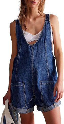 CHARTOU Women Casual Denim Short Overalls Rolled Cuff Barrel Shorts Jumpsuit Rompers in Kuwait
