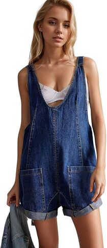 CHARTOU Women Casual Denim Short Overalls Rolled Cuff Barrel Shorts Jumpsuit Rompers in Kuwait
