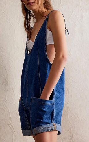 CHARTOU Women Casual Denim Short Overalls Rolled Cuff Barrel Shorts Jumpsuit Rompers in Kuwait
