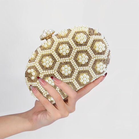 حقيبة يد نسائية للسهرة مصنوعة من حجر الراين واللؤلؤ وحقيبة يد ببريق لامع مع سلسلة in Kuwait