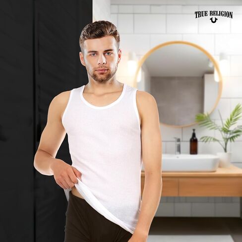 True Religion Lightweight Tank Tops for Men, 5 Pack Classic Ribbed Cotton Mens Undershirts in Saudi Arabia