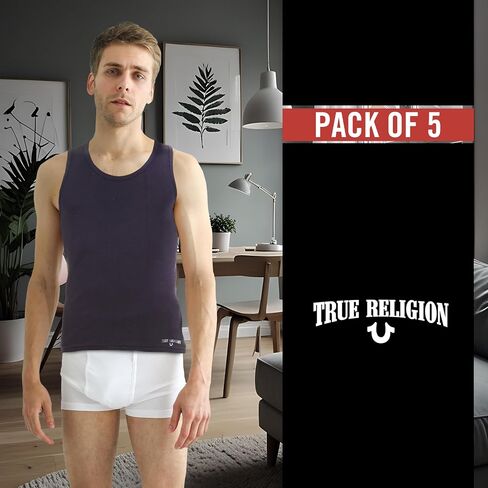 True Religion Lightweight Tank Tops for Men, 5 Pack Classic Ribbed Cotton Mens Undershirts in Saudi Arabia