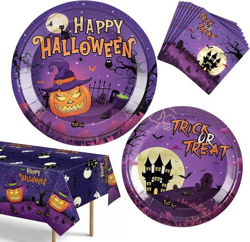 WERNNSAI Halloween Party Decorations-74 PCS Halloween Plates Napkins Tablecloths Purple Trick or Treat Tableware Set Disposable Pumpkin Ghost Castle Dinnerware for Kids Happy Halloween Serve 24 Guests in Saudi Arabia