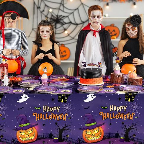 WERNNSAI Halloween Party Decorations-74 PCS Halloween Plates Napkins Tablecloths Purple Trick or Treat Tableware Set Disposable Pumpkin Ghost Castle Dinnerware for Kids Happy Halloween Serve 24 Guests in Saudi Arabia