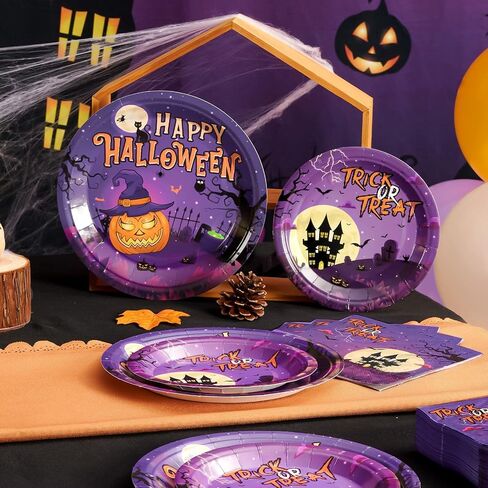 WERNNSAI Halloween Party Decorations-74 PCS Halloween Plates Napkins Tablecloths Purple Trick or Treat Tableware Set Disposable Pumpkin Ghost Castle Dinnerware for Kids Happy Halloween Serve 24 Guests in Saudi Arabia