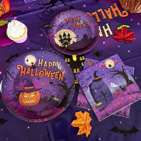 WERNNSAI Halloween Party Decorations-74 PCS Halloween Plates Napkins Tablecloths Purple Trick or Treat Tableware Set Disposable Pumpkin Ghost Castle Dinnerware for Kids Happy Halloween Serve 24 Guests in Saudi Arabia