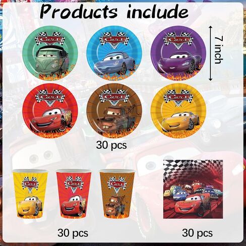 مجموعات أكواب أطباق ومناديل السيارات، لوازم حفلات أعياد الميلاد للسيارات، أدوات مائدة لإضاءة زينة عيد ميلاد السيارات تتضمن 30 طبقًا و30 منديلًا و30 كوبًا لتزيين أعياد ميلاد السيارات الصبية والبنات in Kuwait