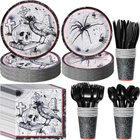 Halloween Party Plates Supplies,Disposable Vintage Skull,Spider Web Tableware Paper Plates and Napkins Cups Knives Spoons Forks for Halloween Birthday Baby Shower Party Decorations,Serve 50 Guests in Saudi Arabia