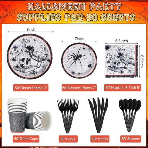 Halloween Party Plates Supplies,Disposable Vintage Skull,Spider Web Tableware Paper Plates and Napkins Cups Knives Spoons Forks for Halloween Birthday Baby Shower Party Decorations,Serve 50 Guests in Saudi Arabia