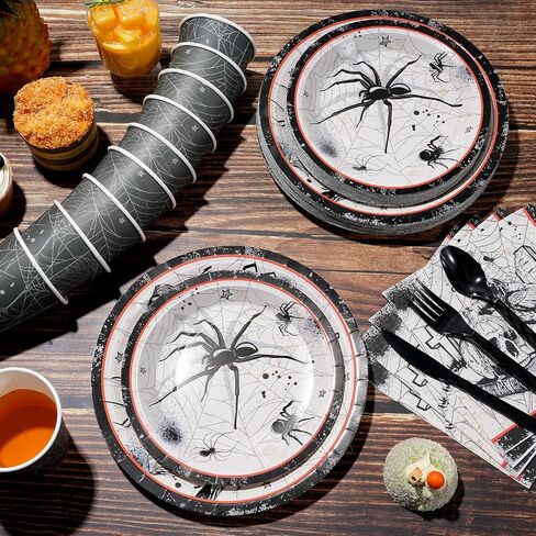 Halloween Party Plates Supplies,Disposable Vintage Skull,Spider Web Tableware Paper Plates and Napkins Cups Knives Spoons Forks for Halloween Birthday Baby Shower Party Decorations,Serve 50 Guests in Saudi Arabia