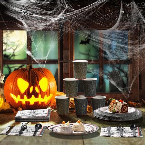 Halloween Party Plates Supplies,Disposable Vintage Skull,Spider Web Tableware Paper Plates and Napkins Cups Knives Spoons Forks for Halloween Birthday Baby Shower Party Decorations,Serve 50 Guests in Saudi Arabia
