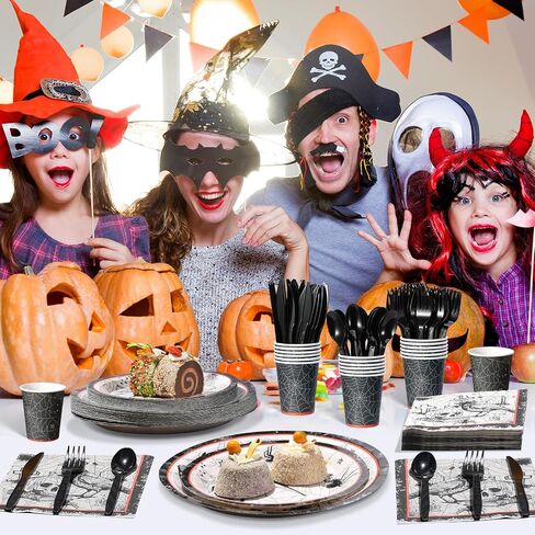Halloween Party Plates Supplies,Disposable Vintage Skull,Spider Web Tableware Paper Plates and Napkins Cups Knives Spoons Forks for Halloween Birthday Baby Shower Party Decorations,Serve 50 Guests in Saudi Arabia