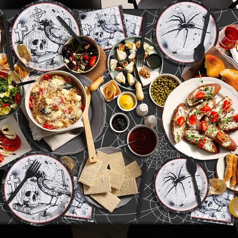 Halloween Party Plates Supplies,Disposable Vintage Skull,Spider Web Tableware Paper Plates and Napkins Cups Knives Spoons Forks for Halloween Birthday Baby Shower Party Decorations,Serve 50 Guests in Saudi Arabia
