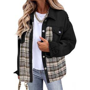 ZESICA Women's Denim Jacket 2024 Fall Long Sleeve Plaid Button Down Lapel Collar Shacket with Pocket