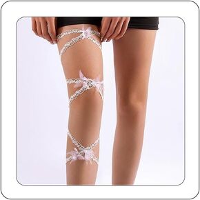Bethynas Gothic Butterfly Rave Leg Wrap with Rhinestone Black Long Across Elastic Leg Strap Adjustable White Lace Garter Festival Rave Outfit Accessories for Women