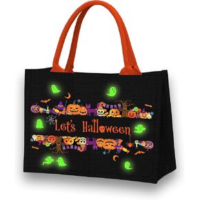 Let's Tote Halloween canvas candy tote bag with handle, ghosts glow in the dark. Reusable Bag for Trick or Treat.