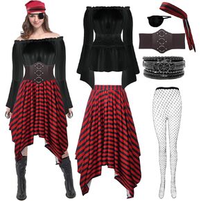 SHOHOKU ​7Pcs Womens Pirate Costume Cosplay Renaissance Blouse Tops Corset Waist Belt Pirate Skirt Pirate Cosplay Outfit