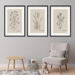 Set Of 3 Vintage Antique Garden Wildflowers Wall Art Decor 24x16 Inch Rustic Wood Framed Family Living Room Floral Sign Modren Nature Flower Home Pictures Botanical Wall Hanging (Wood)