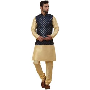 Men Silk Kurta, Churidar & Cotton Silk Embroidered Sequenced Nehru Jacket Set, Ethnic Traditional Wear