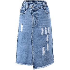 GORGLITTER Girl's Raw Trim Zipper Fly Ripped Denim Skirt Asymmetrical Hem Midi Jean Skirts with Pockets