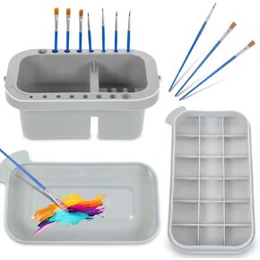 Paint Brush Cleaner Washer, Multifunction Painting Brush Basin Holder and Organizer with Tray Palette Lid & 10 Painting Brush for Acrylic, Watercolor, Oil, Gouache Painting