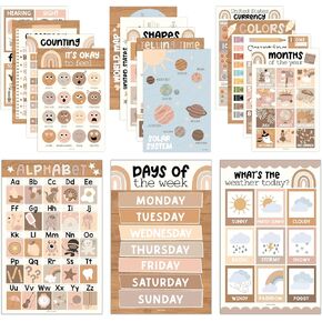 16 Boho Preschool Classroom Posters - Educational Posters For Toddlers 1-3, Toddler Learning Posters, Homeschooling Supplies, Alphabet Poster For Toddlers, Days Of The Week Poster For Kids Posters
