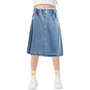 Happy Cherry Girls Casual Denim Skirt Midi A Line Knee Length Jean Skirt with Pockets High Elastic Waist Washed Skirt