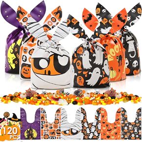 AhfuLife 200PCS Halloween Cellophane Treat Bags, 8 Designs Halloween Clear Candy Bags with Twist Ties for Treat or Treating, Halloween Snack Goodie Bags for Halloween Party Supplies Favors