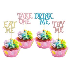 Gyufise 24Pcs Alice in Wonderland Cupcake Toppers Black Glitter Try Me Take One Eat Me Cupcake Picks for Fairytale Wonderland Theme Baby Shower Kids Boys Girls Birthday Party Supplies