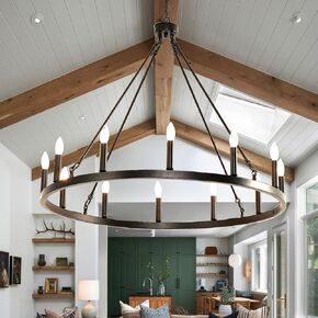 BAOURE Candle Style Wagon Wheel Chandelier Black 12-Light, Round Wagon Wheel Chandelier Outdoor Porch Light Fixtures, Modern Wagon Wheels Chandeliers for Living Room Hallway Foyer - 38-Inch