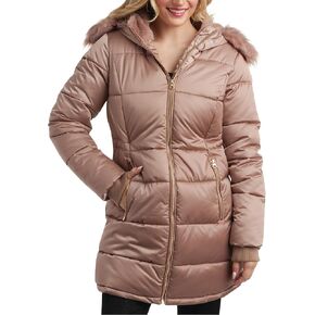 Jessica Simpson Women's Long Puffer Jacket - Quilted Winter Coat with Faux Fur Trim Hood - Insulated Coat for Women (S-XL)