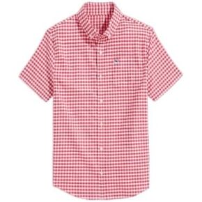 vineyard vines Boys' On-The-Go brrrº Short-Sleeve Gingham Shirt, Red Gingham, Medium (12-14)
