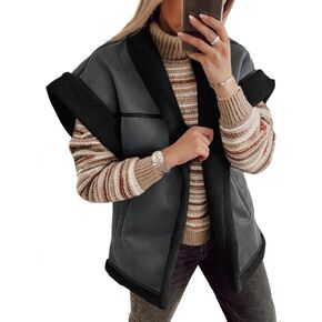 Cicy Bell Womens Suede Sherpa Vest Faux Fur Coat Cap Sleeve Button Down Winter Shearling Jacket