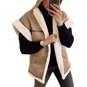 Cicy Bell Womens Suede Sherpa Vest Faux Fur Coat Cap Sleeve Button Down Winter Shearling Jacket